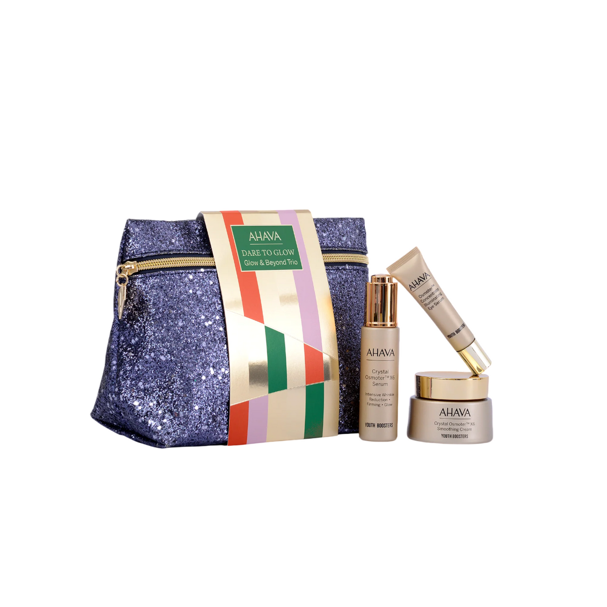 Glow & Behold Trio Set Ahava: Crystal Osmoter X6, Smoothing, Cream, For Face, 50 ml + Osmoter Concetrate, Illuminating, Eye Serum, 15 ml + Crystal Osmoter X6, Firming & Radiance, Serum, For Face, 30 ml + Ahava, GWP Textile Pouch