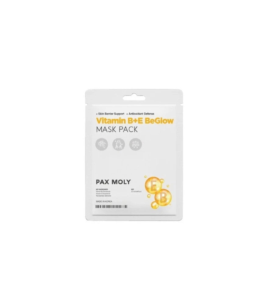 PaxMoly, Be Glow, Vitamine B+E, Éclaircissant et illuminateur, Masque en tissu, Visage, Jour et nuit, 25 ml