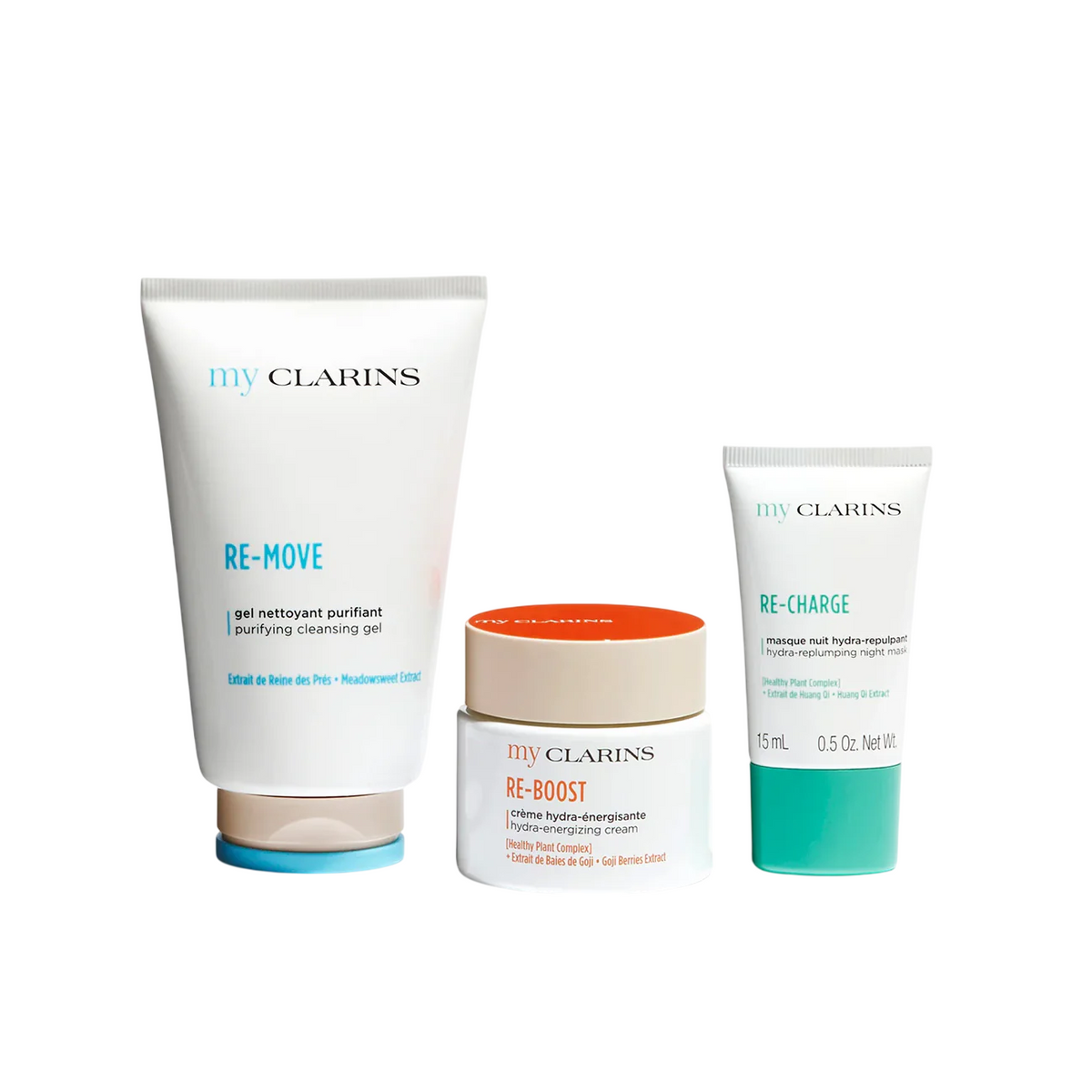 Set Clarins: My Clarins Re-Boost, Hydrating, Energizing, Morning, Cream, For Face, 50 ml + My Clarins Re-Charge, Hydrating, Night Sleeping Mask, 15 ml + My Clarins Re-Move, Purifying, Cleansing Gel, For Face, 125 ml