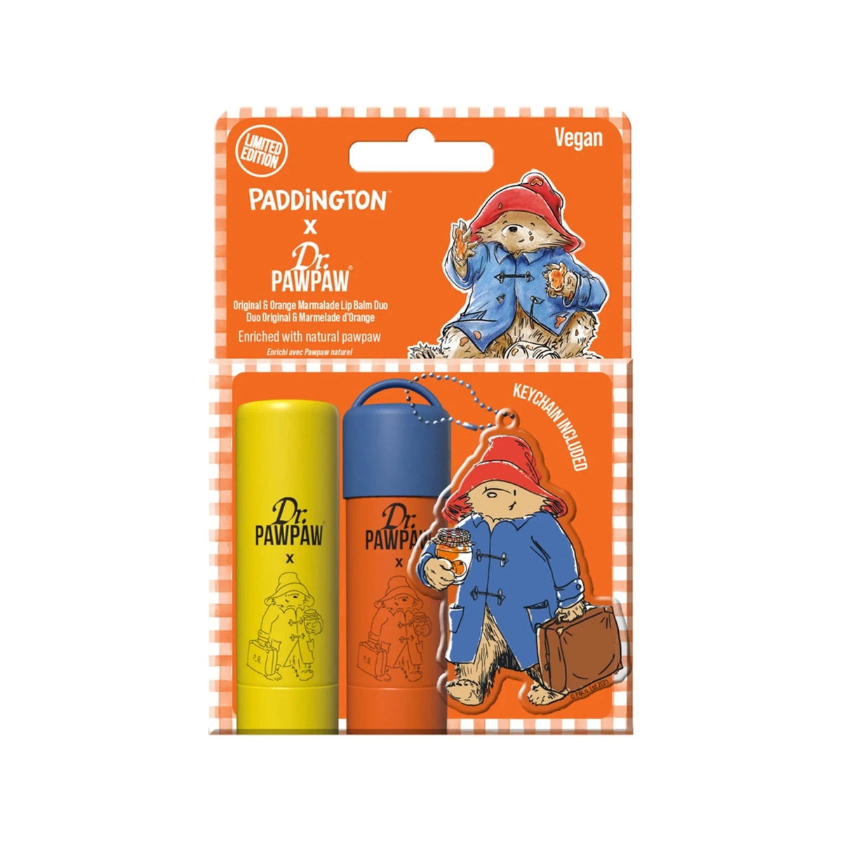 Dr. PawPaw Paddington Bear Baume à lèvres Original & Orange Marmalade Duo avec porte-clés, 4 g