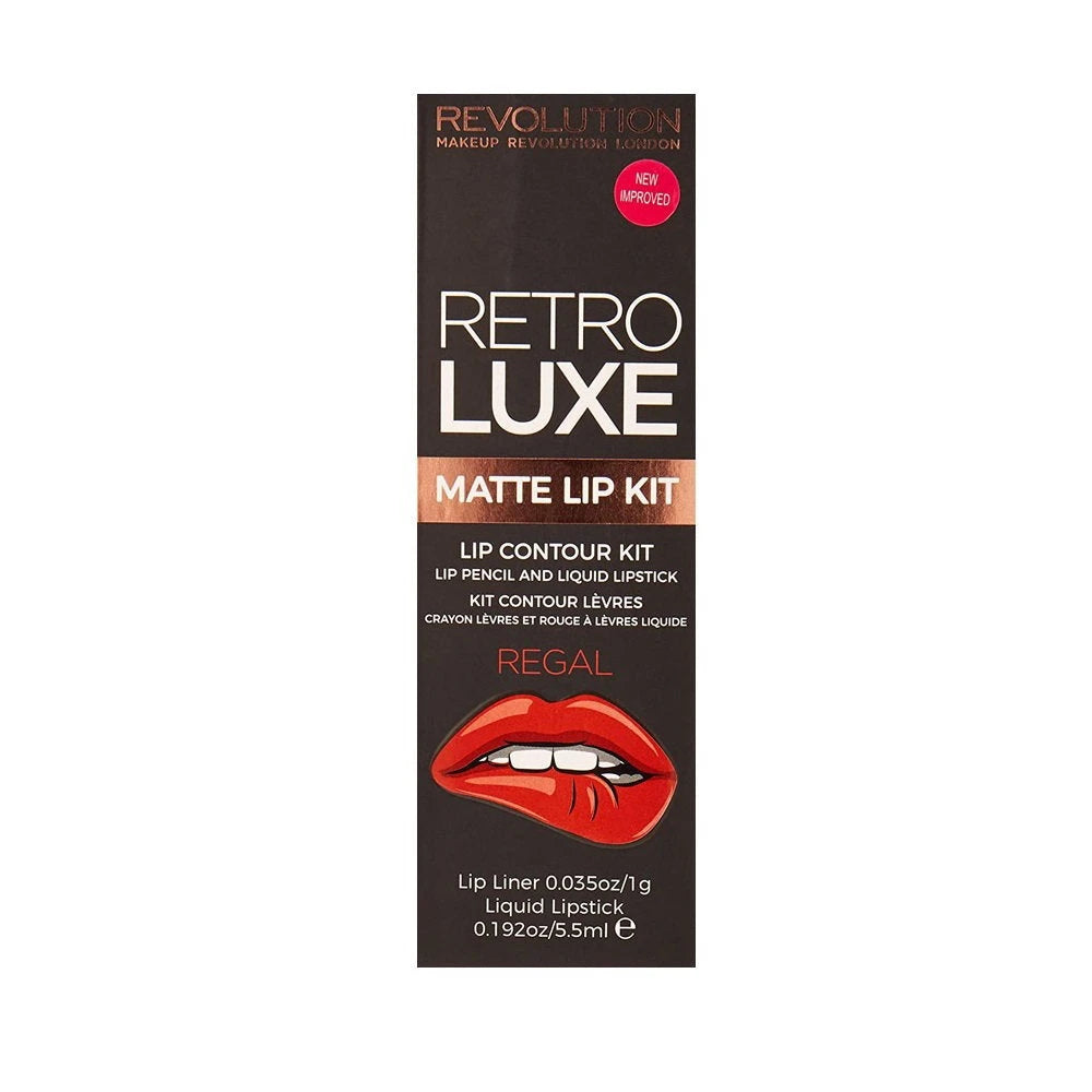 Set Makeup Revolution: Retro Luxe, Lip Liner, Regal, 1 g + Retro Luxe, Matte, Liquid Lipstick, Regal, 5.5 ml