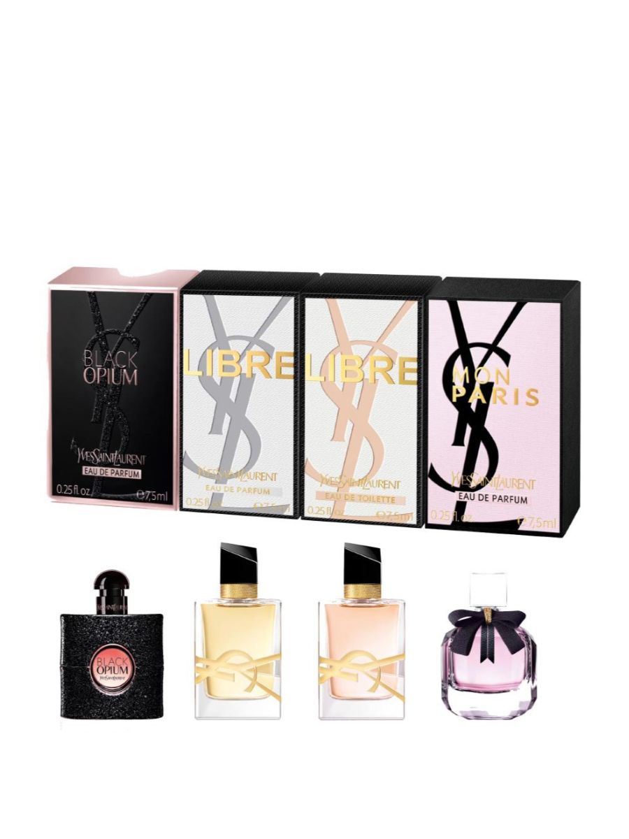 Set Yves Saint Laurent: Black Opium, Eau De Parfum, For Women, 7.5 ml *Miniature + Libre, Eau De Parfum, For Women, 7.5 ml *Miniature + Libre, Eau De Toilette, For Women, 7.5 ml *Miniature + Mon Paris, Eau De Parfum, For Women, 7.5 ml *Miniature